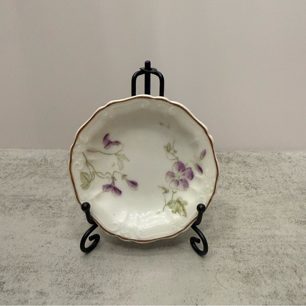 Vintage butter pat lavender flowers gold rim